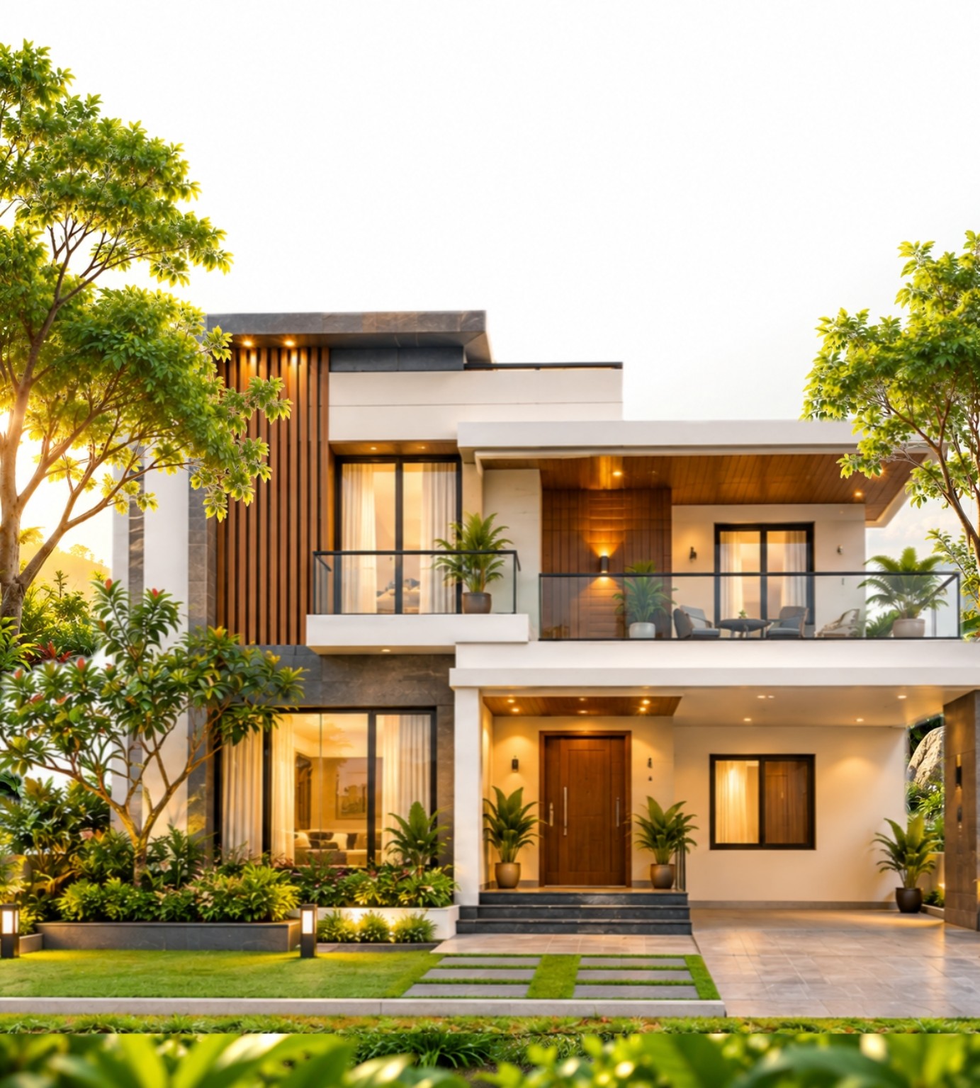 A completed home set in a landscaped garden