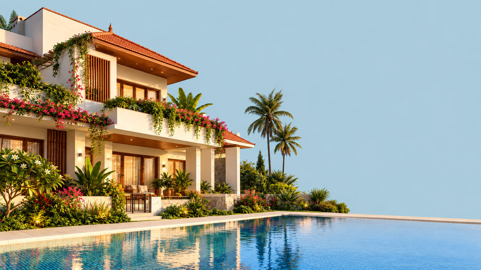 Modern home beside a swimming pool and tropical gardens